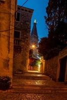 scena di un' acciottolato strada nel il storico centro di rovigno nel Croazia durante notte foto