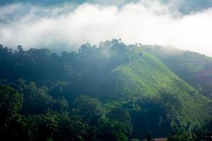 bellissimo montagne sotto nebbia nel il mattino, nebbia e nube tropicale paesaggio accogliente i viaggiatori. foto