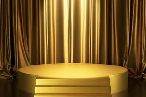 d'oro le scale podio per elegante Prodotto Schermo con lusso oro seta raso tenda sfondo nel centro composizione riflettore 3d interpretazione illustrazione foto