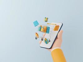 digitale marketing concetto, uomo d'affari Tenere smartphone con shopping carrello popping fuori, shopping in linea su mobile applicazione, 3d illustrazione foto