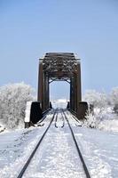 ferrovia brani nel il neve condurre per un vecchio ponte foto