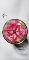 rosa chinensis fiore nel bicchiere tazza pieno con acqua, romantico concetto illustrazione foto