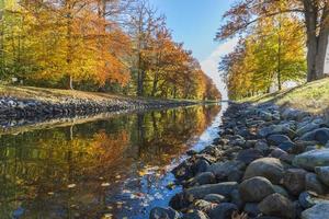 canale chiaro con foglie d'acero autunnali foto