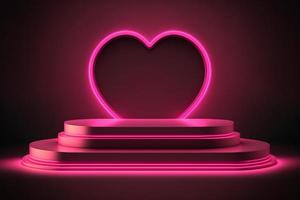 realistico podio piattaforma con rosa neon cuore nel astratto palcoscenico per Prodotto posizionamento e Schermo foto