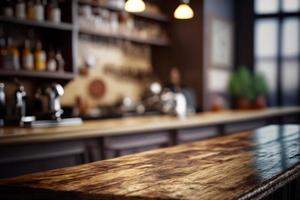 legna tavolo superiore bar con sfocatura sfondo foto