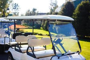 golf carrello al di sopra di simpatico verde e blu cielo foto