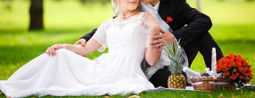 contento sposa e sposo a un' parco su loro nozze giorno foto