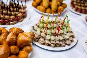 meravigliosamente decorato ristorazione banchetto tavolo con hamburger, profiteroles, insalate e freddo spuntini. varietà di gustoso delizioso spuntini su il tavolo foto