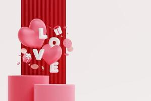 San Valentino giorno concetto. cuori galleggiante con amore testo Palloncino e elementi copia spazio 3d illustrazione foto