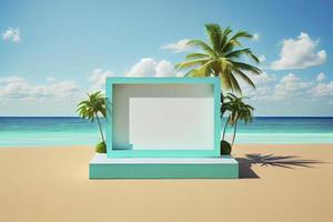 estate tropicale sfondo, podio su sabbia spiaggia su mare sfondo foto