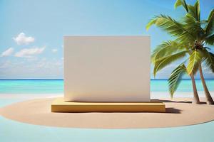 estate tropicale sfondo, podio su sabbia spiaggia su mare sfondo foto