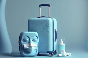 blu valigia con viso maschera e viaggio Accessori su blu sfondo foto