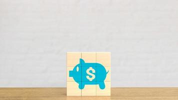 il blu porcellino banca su legna cubo per attività commerciale concetto 3d interpretazione foto