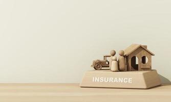modello di un' di legno Casa e un' auto con un' bianca ombrello coperto nel il concetto di vero tenuta assicurazione e famiglia finanziario futuro pianificazione su un' bianca sfondo, cartone animato stile. 3d resa. foto