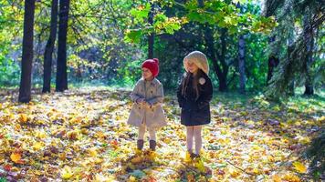 Due adorabile poco ragazze godendo autunno soleggiato giorno foto