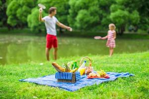 contento famiglia picnic nel il parco foto