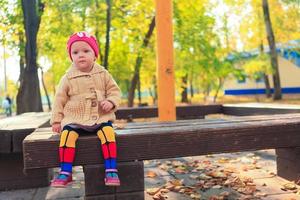 poco bellissimo ragazza si siede su un' panchina nel autunno parco foto
