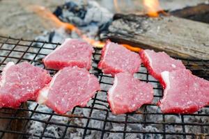 grigliato Maiale bistecche, Maiale collo con sale su il griglia natura Locale cibo rurale Asia, grigliato carne bbq barbecue Maiale arrosto strada cibo foto