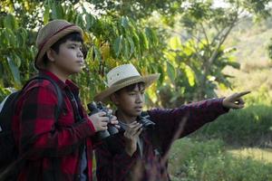 asiatico ragazzi siamo utilizzando binocolo per fare il uccelli' Guardando nel tropicale foresta durante estate campo, idea per apprendimento creature e natura animali e insetti al di fuori il aula. foto