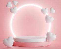 3d resa. bianca cuore e podio In piedi per mostrare Prodotto Schermo su rosa colore sfondo e squillare luce. astratto minimo geometrico forme fondale per San Valentino giorno design foto