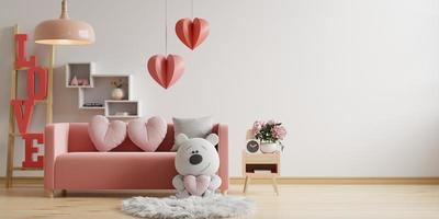 San Valentino interno camera con rosa divano e casa arredamento per San Valentino giorno.