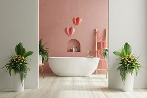San Valentino giorno nel bagno con vasca da bagno su vuoto rosso parete. foto