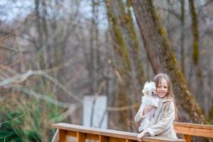 poco ragazza con un' bianca cucciolo. un' cucciolo nel il mani di un' ragazza foto