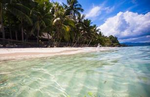 tropicale Perfetto spiaggia con verde palme, bianche sabbia e turchese acqua foto