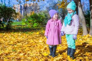 Due adorabile ragazze godendo e avendo divertimento nel il caldo soleggiato autunno giorno foto