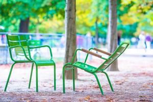 tradizionale verde sedie nel il tuileries giardino nel Parigi, Francia foto