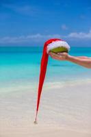 Noce di cocco con Santa cappello nel maschio mani contro il turchese mare foto