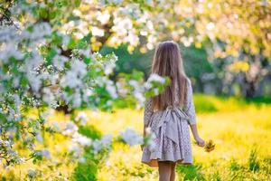 adorabile poco ragazza nel fioritura Mela albero giardino su primavera giorno foto