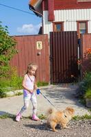 poco ragazza a piedi con sua cane su un' guinzaglio foto
