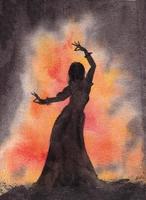 un' silhouette di un' donna quello è in piedi nel davanti di fiamme mano disegnato illustrazione foto
