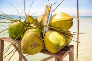 mazzo di noci di cocco su tropicale isola foto