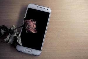 rose secche sul tavolo con un telefono cellulare foto