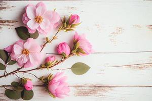 bellissimo rosa fiori su bianca di legno sfondo, San Valentino giorno concetto con copia spazio foto