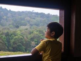 ragazzo guardare su finestra guardare a il verde foresta foto