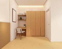 giapponese minimalista letto camera decorato con legna armadio e legna pavimento. 3d interpretazione foto
