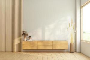 giappone stile vivente camera decorato con legna tv Consiglio dei ministri e legna stecca parete. 3d interpretazione foto