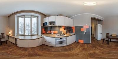 pieno senza soluzione di continuità sferico hdri 360 panorama Visualizza nel interno di piccolo cucina nel moderno piatto appartamenti con mobilia nel equirettangolare proiezione, vr soddisfare foto