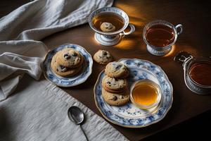 fotografia di un' piatto di biscotti e un' bicchiere di tè su un' tavolo con un' stoffa e un' tovagliolo su esso foto