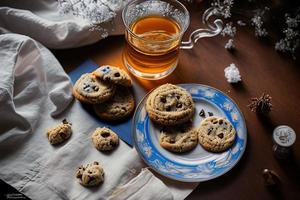 fotografia di un' piatto di biscotti e un' bicchiere di tè su un' tavolo con un' stoffa e un' tovagliolo su esso foto