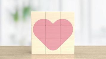 il legna cubo e rosa cuore per San Valentino o amore concetto 3d foto