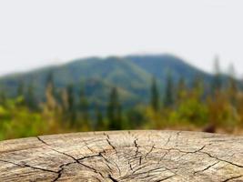 di legno tavola vuoto tavolo nel davanti di sfocato sfondo, spazio per montaggio mostrare il tuo prodotti o finto su per Schermo di Prodotto naturale stile. foto