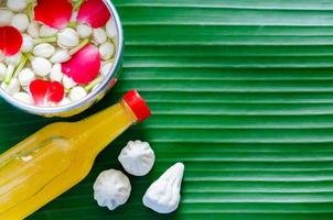 Songkran Festival sfondo con fiori nel acqua ciotola, profumato acqua e marly calcare per benedizione su Banana foglia sfondo. foto