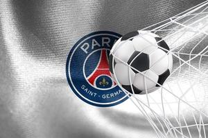 uefa campioni lega 2023, Parigi saint-germain fc bandiera con un' calcio palla nel rete, uefa sfondo, 3d opera e 3d Immagine. Yerevan, Armenia - 2023 gennaio 27 foto