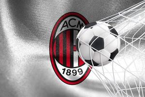 uefa campioni lega 2023, AC Milano bandiera con un' calcio palla nel rete, uefa sfondo, 3d opera e 3d Immagine. Yerevan, Armenia - 2023 gennaio 27 foto