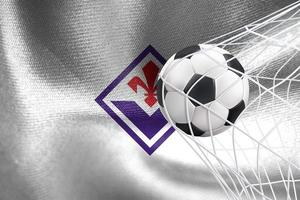 uefa campioni lega 2023, acf fiorentina bandiera con un' calcio palla nel rete, uefa sfondo, 3d opera e 3d Immagine. Yerevan, Armenia - 2023 gennaio 27 foto