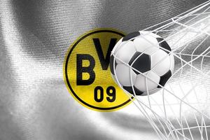 uefa campioni lega 2023, borussia dortmund bandiera con un' calcio palla nel rete, uefa sfondo, 3d opera e 3d Immagine. Yerevan, Armenia - 2023 gennaio 27 foto